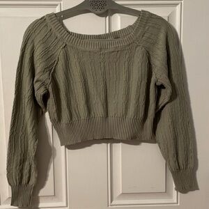 Lush Olive Green Cropped Cable-Knit Crewneck Sweater
